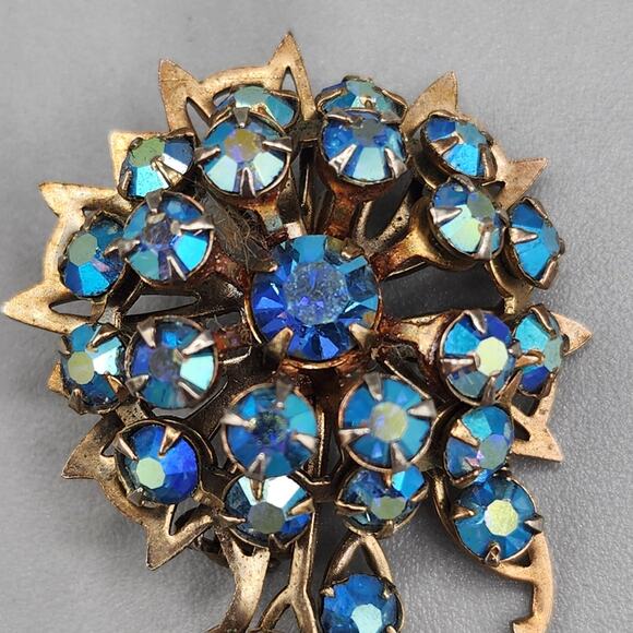 Vintage Lapel Brooch Pin Triple Layer Blue Rhinestone Crystal Flower Gold Tone - Picture 3 of 6